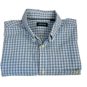 Orvis Shirt Mens XL Blue Black Plaid Check Button Down Cotton Casual